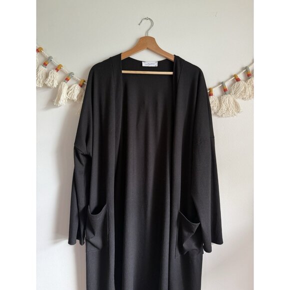 Carly Jean Los Angeles Ribbed Knit Black Open Front Longline Cardigan Lounge XXL - Picture 3 of 10